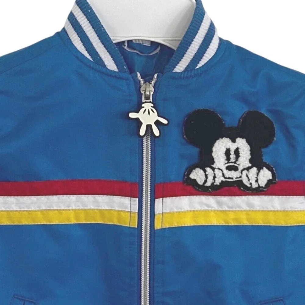Retro Blue Mickey Mouse Bomber Jacket Racing‎ Stripes Patch Zip Up Kids Size 4T